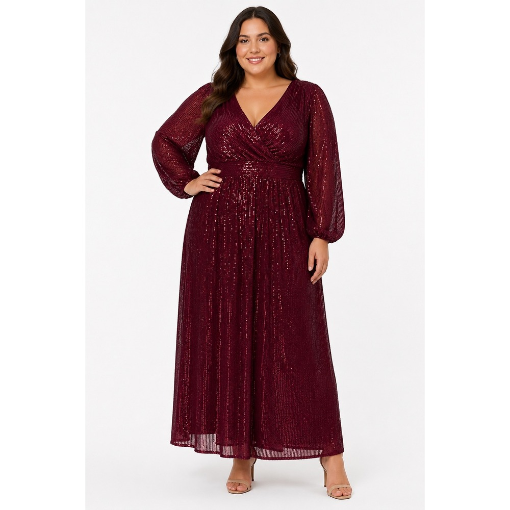 Giffniseti Womens 2XL Burgundy Sequin Maxi Dress V-Neck Long Sleeve Formal Gown
